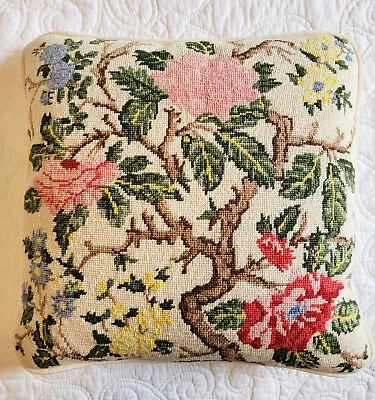 Vintage Hand Made WOOL NEEDLEPOINT Throw PILLOW Asian FLORAL Design 14  Sq • $26