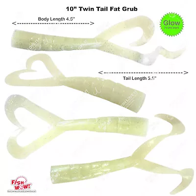 Fish WOW! 4pcs 10  (w/ Tail Extended) Twin Tail Perch Grub Fat Scampi Baits Glow • $15.88