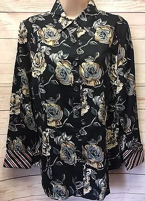 New $50 Women's Sz M Van Heusen Black Gray Floral Print Button Down Shirt Blouse • $13.54