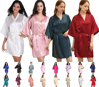 UK Plain Satin Silk Robe Wedding Bridesmaid Kimono Dressing Gown Sleepwear S-3XL • £9.99