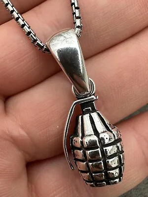 Mens Real 925 Sterling Silver Hand Grenade Bomb Pendant Necklace Small But Heavy • $77.92