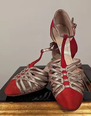 Flapper 1920’s Red Silk Shoes W Silver Leather Trim • $282.01