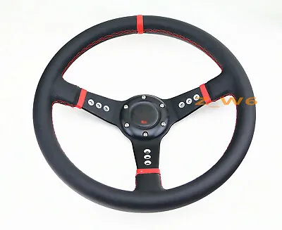 Deep Dish Off Road 350mm 6 Hole Red Aluminum Leather Racing Steering Wheel Horn • $42.99