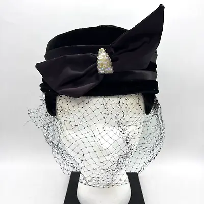 Antique The May Company Black Velvet Felt Funeral Mourning Bow Hat Wig Lace Veil • $30