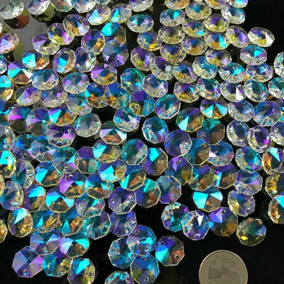 100X 2-Hole Clear Octagon Crystal Glass Bead Chandelier Part Prisms Facet 14mm • £8.27