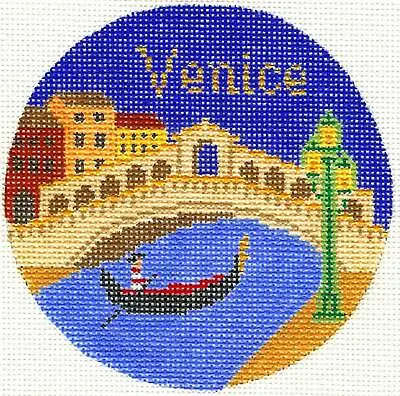 VENICE ITALY Handpainted 4.25  Rd. Needlepoint Canvas Ornament Silver Needle • $62.95