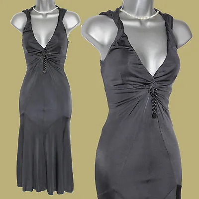 Karen Millen UK 8 Dark Grey Jersey Low Open Neck Front Detail Flattering Dress  • £44.99