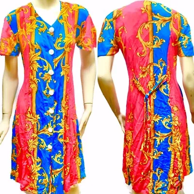 Vtg 80s 90s Versace-like Baroque Chain Print Gold Neon Dress Kaftan Festival • $39.99