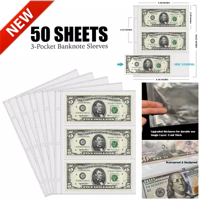 50 Sheets Currency Sleeves For Paper Money Collection 3-Pocket Banknote Pages • $16.99