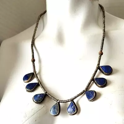 Vintage Tribal Afghan 8 Teardrop Imitation Lapis Silver Tone 22.5  Necklace • $60