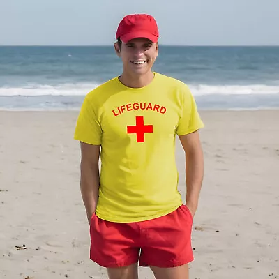 Mens LIFEGUARD T-Shirt Beach Party Baywatch Fancy Dress Yellow Tee Top • £9.99