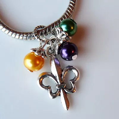 Fleur De Lis Mardi Gras Purple Pearl Charm Bead For Fits European Bracelets • $6.99