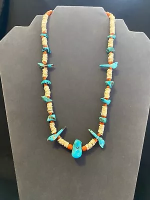 Vintage Turquoise Coral Heishi Bird Fetish Necklace Native American Southwest • $99