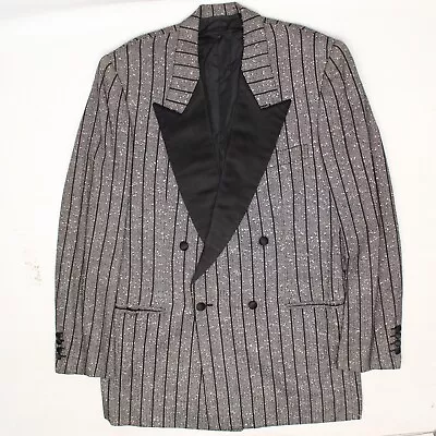 VTG Brioni Mens Tuxedo Coat 40L Gray Black White Slub Silk Stripe Double Breast • $199.99