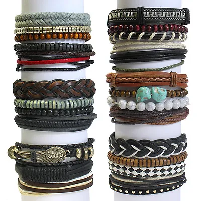 Men's Stacked Leather Bracelet Surfer Multi Row Layer Stack Wristband • £4.99