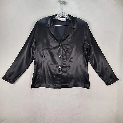 Vtg Christy Lyn Womens Top Size 12 Black Satin Collared Button Up Classic Blouse • $16.95