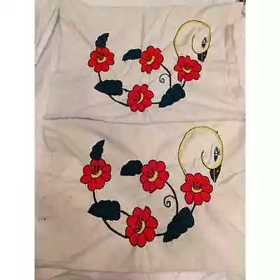 Vintage Crewel Embroidery Swan With Orange Flowers Pillow Case Set Of 2 • $20