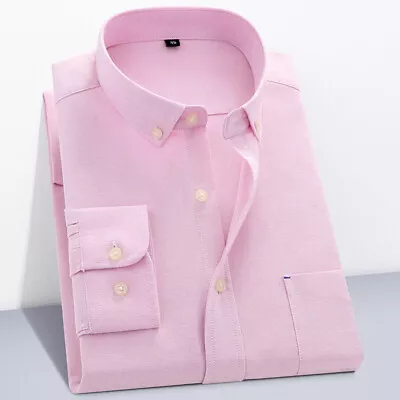 Mens Work Shirt Long Sleeve Cotton Oxford Collar Formal Button Down Shirts • £12.39