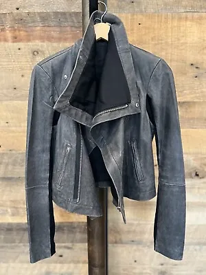 VEDA Gray Distressed Max Leather Jacket Black Lining Cowl Neck. Size MEDIUM • $495