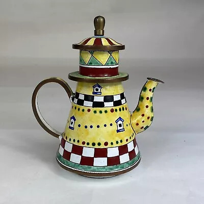 Miniature Hand Painted Enamel Copper Teapot Yellow Lighthouse Shaped • $25.99