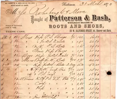 Patterson & Bash Baltimore MD 1870 Itemized Billhead Boots & Shoes • $12.74