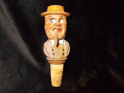 Vintage Anri Wood Carved Wine Bottle Stopper. Mechanical Cigar Moves Eyes Move • $14