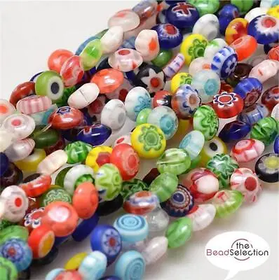 25 Or 50 FLAT ROUND DISC FLOWER MILLEFIORI GLASS BEADS 6mm MIL14 • £3.99