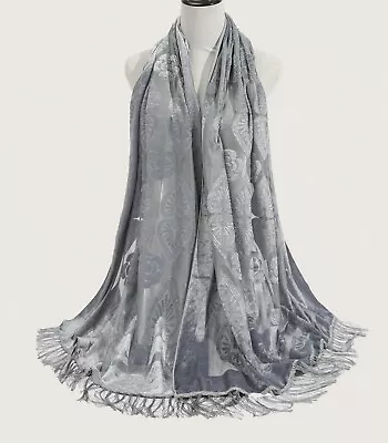 Vintage Besarani Grey Silk Blend  Velvet Devore Scarf Shawl Wrap • £17