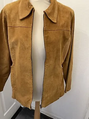 LKD Women Tan Brown Leather Suede Jacket Vintage Biker Size L • $19.81