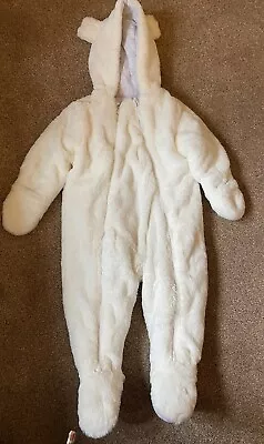 Primark White Neutral Boy Girl Faux Fur Snowsuit Pramsuit All In One 9-12 Months • £6