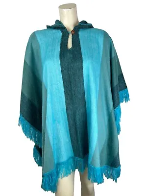 SISANDINA Handicrafts Ecuador Wool Poncho Hood Blue Green Fringe Southwest Boho • $49.99