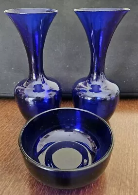 Cobalt Blue Glass Lot - Matching Pair Of Vases Plus Small Bowl • $19.50