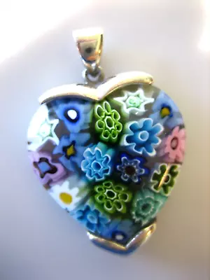 Vintage 925 Sterling Silver Murano Millefiori Heart Pendant • $20.68