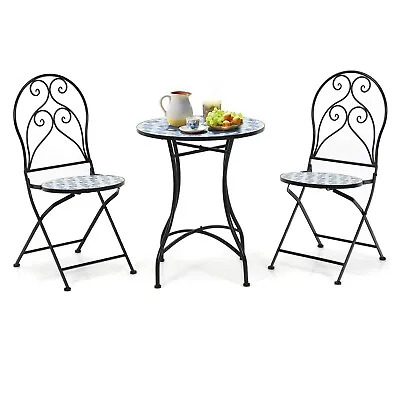 3 PCS Outdoor Bistro Set Mosaic Pattern W/ Round Table & Folding Chairs • £134.95