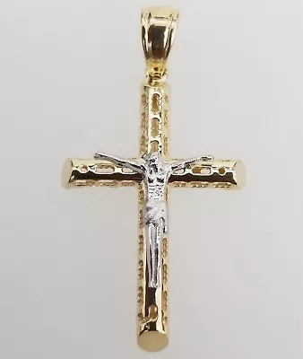 Real 14k Yellow White Gold Vintage Plain Tube Jesus Crucifix Cross Pendant Charm • $149.99