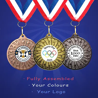 10 X Personalised School Sports Day Medals + Ribbon + Engraving + Your Own Logo • £13.99
