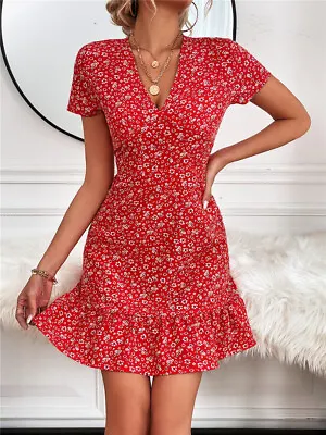 £12.96 • Buy Womens Floral Summer Beach Sun Dress Ladies Short Sleeve Holiday Midi Dress Size