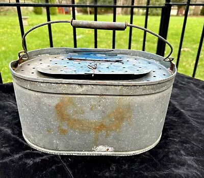 Vintage Antique Oval Galvanized Metal Fishing Bait Minnow Bucket W Handle 14.5” • $45