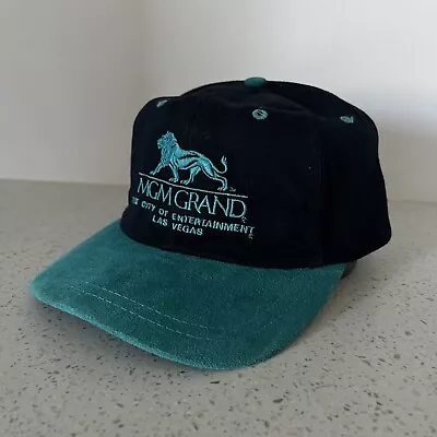 Vintage 90s MGM Grand Lion Las Vegas Strip Strap Back Black/Teal Nissin Hat • $24.99