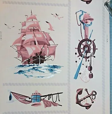 £29.49 • Buy 1950's Vintage Wallpaper Clam Shack Chic Nautical Pattern Partial Roll Tall Ship