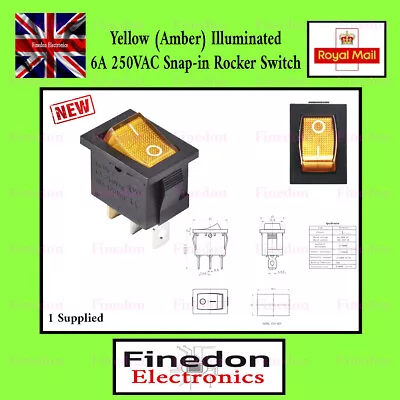 Yellow (Amber) Illuminated 3 Pin On-Off SPST Snap-in Boat Rocker Switch 250V 6A • £2.14