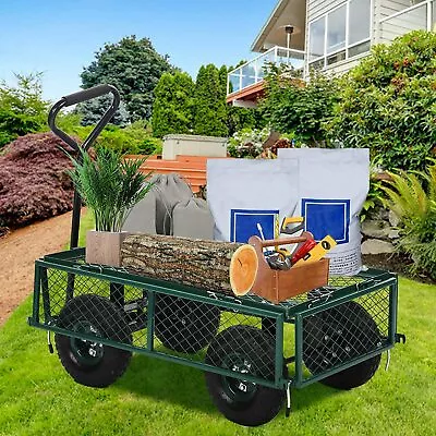 Green Garden Cart Heavy Duty Steel Utility Cart Lawn Outdoor Dump Wagon Cart • $111.49