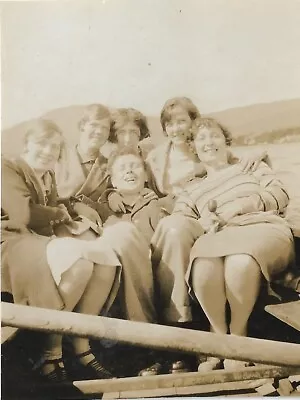 Vintage Old Photograph Man Five Ladies Boat Oars Middle Of Lake Smiles 1920s • $3.79