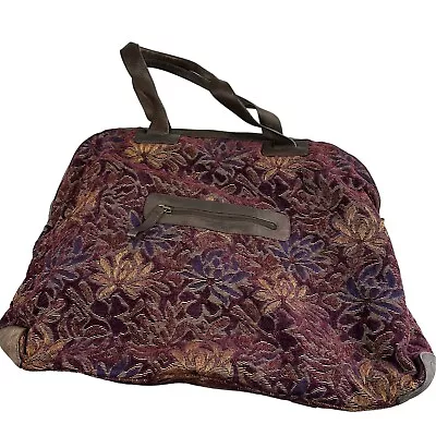 J Jill Tapestry Carpet Satchel Tote Boho Weekender Leather Travel Bag Navy Red • $49.98