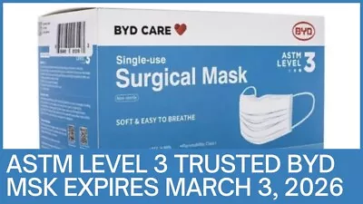 BYD CARE Expires 3/3/26 Surgical Masks One-size Blue Box 50 PCS  Lvl 3  ⭐️⭐️⭐️ • $9.49