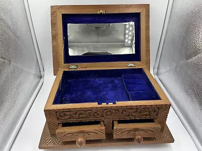 Anglo Raj Teak Wooden Handmade Carved Small Cabinet Storage Jewelry Box 2 Drawer • $199.99