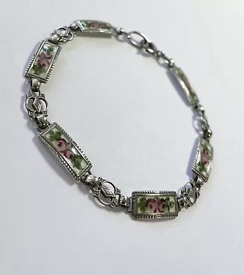 Vintage Art Deco Guilloche Enamel Pink Rose Bracelet Sterling Silver 925 • $64