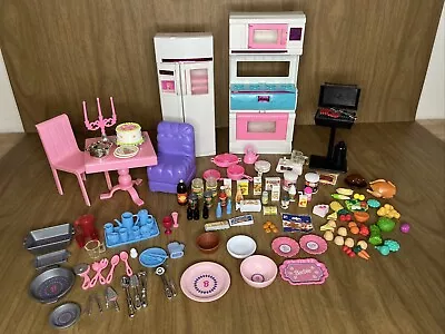 Vtg 1994 Barbie Kitchen Playset Large Lot Fridge Oven Food Dishes Grill Table • $39.19