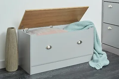 Blanket Box Ottoman Chest Toy Storage Bedding Wooden Trunk Grey & Oak Effect • £40