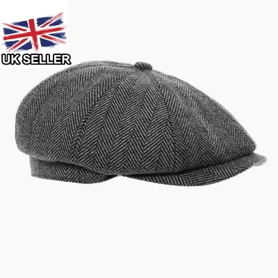 £9.75 • Buy Grey Tweed Herringbone Gatsby Mens 8 Panel Baker Newsboy Cap Peaky Blinders Hat